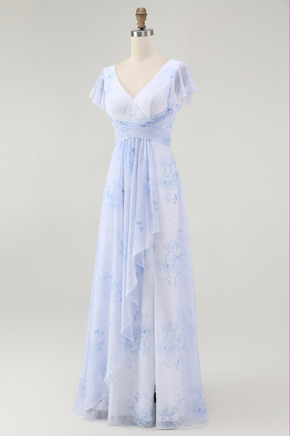 Blue Chiffon Floral A-Line V-Neck Long Wedding Guest Dress with Sleeves