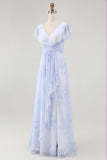 Blue Chiffon Floral A-Line V-Neck Long Wedding Guest Dress with Sleeves