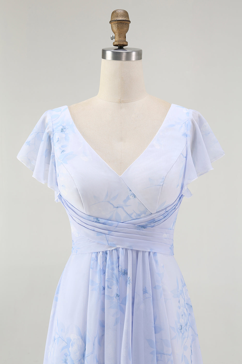Blue Chiffon Floral A-Line V-Neck Long Wedding Guest Dress with Sleeves
