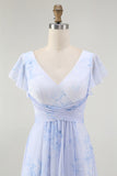 Blue Chiffon Floral A-Line V-Neck Long Wedding Guest Dress with Sleeves