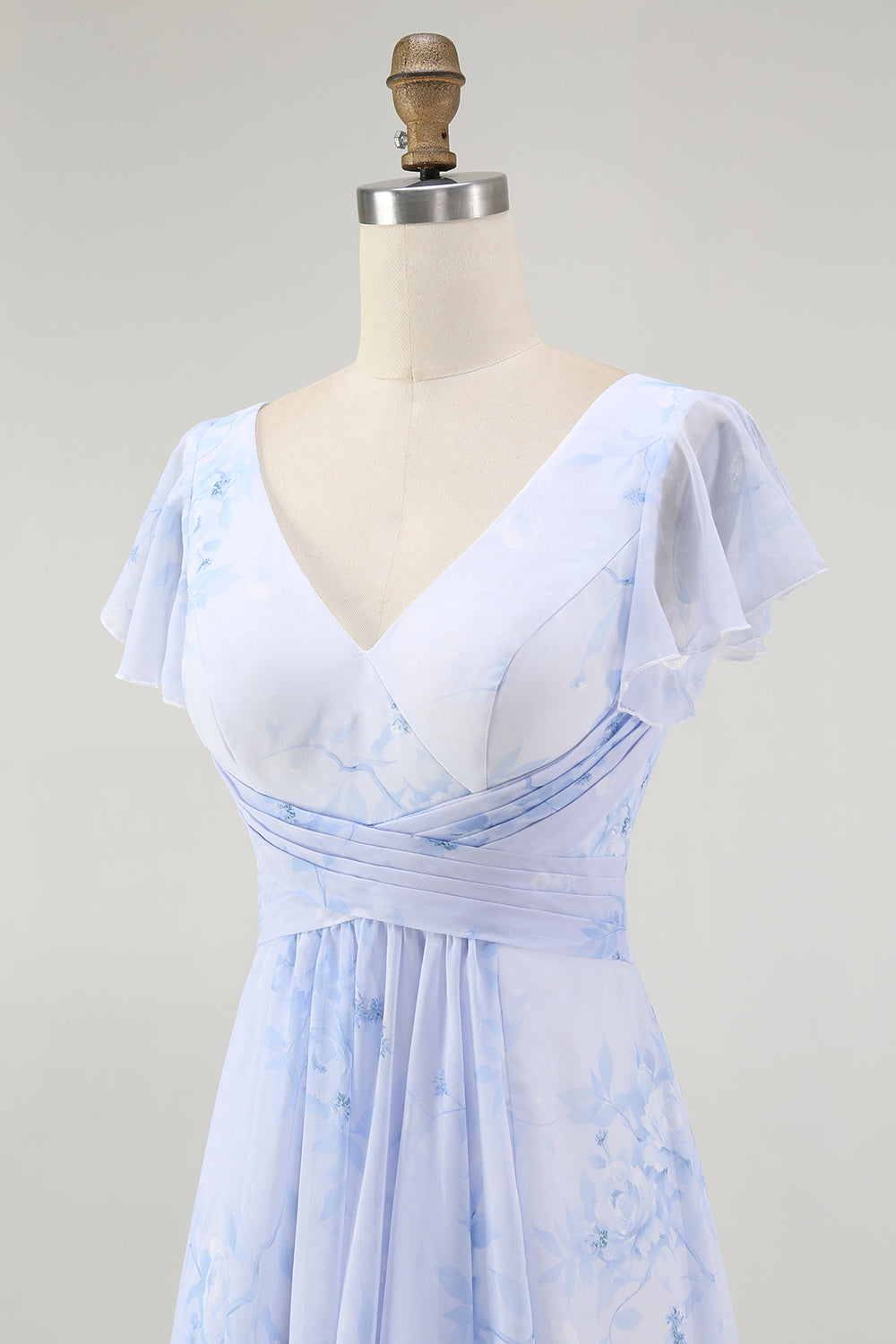 Blue Chiffon Floral A-Line V-Neck Long Wedding Guest Dress with Sleeves