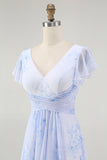 Blue Chiffon Floral A-Line V-Neck Long Wedding Guest Dress with Sleeves