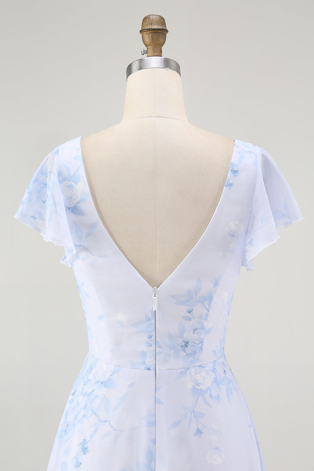 Blue Chiffon Floral A-Line V-Neck Long Wedding Guest Dress with Sleeves