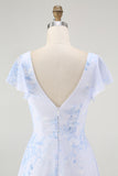 Blue Chiffon Floral A-Line V-Neck Long Wedding Guest Dress with Sleeves