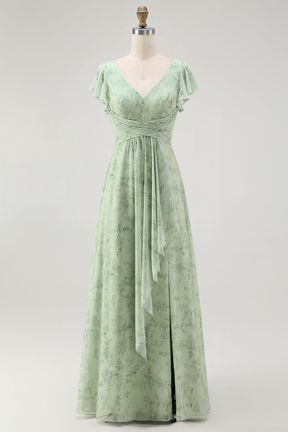 Blue Chiffon Floral A-Line V-Neck Long Wedding Guest Dress with Sleeves