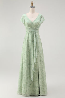 Dusty Sage Chiffon Floral V-Neck A-Line Long Wedding Guest Dress with Slit