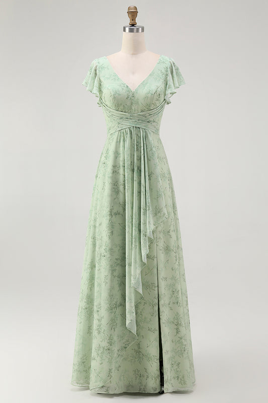 Dusty Sage Chiffon Floral V-Neck A-Line Long Wedding Guest Dress with Slit