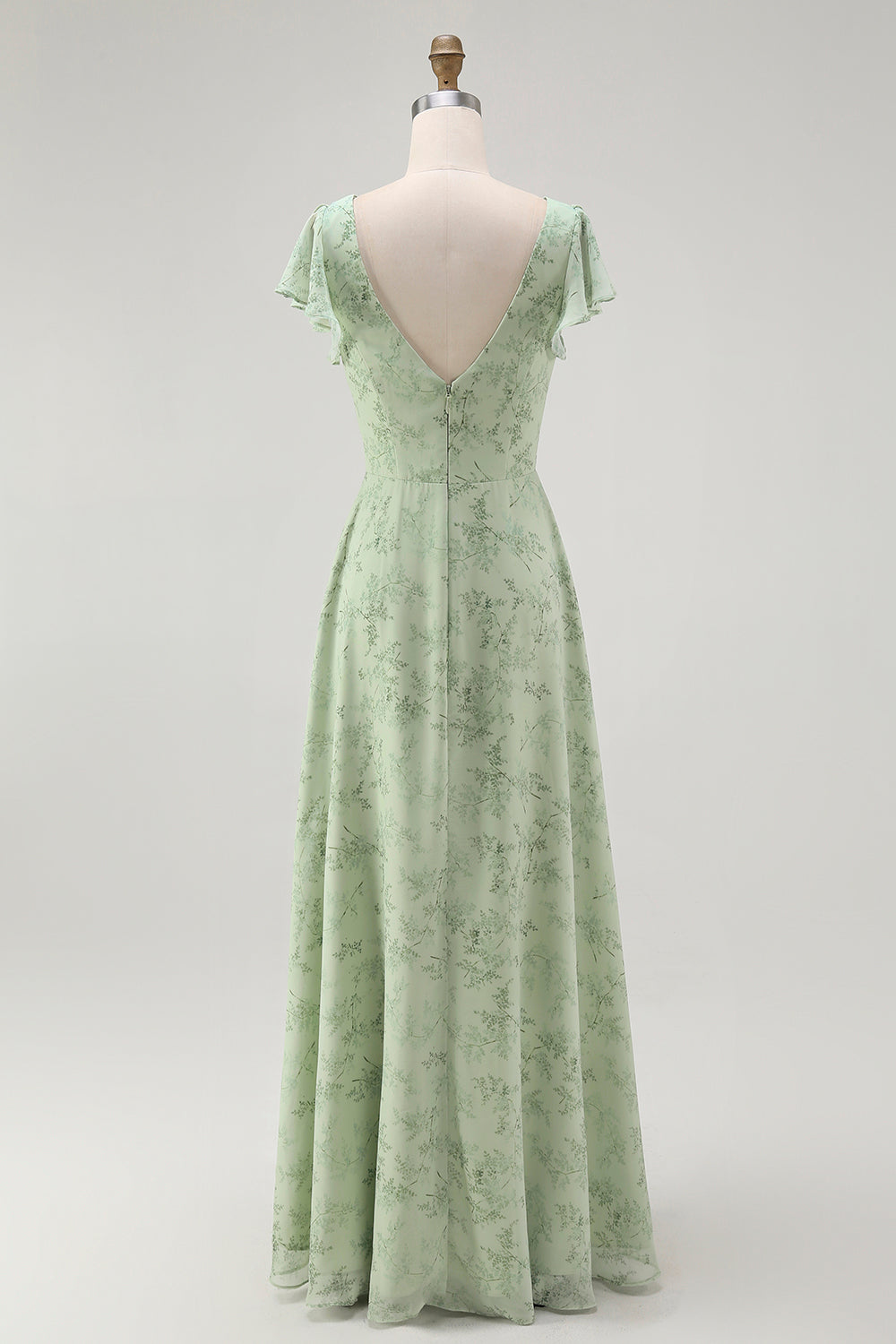 Blue Chiffon Floral A-Line V-Neck Long Wedding Guest Dress with Sleeves