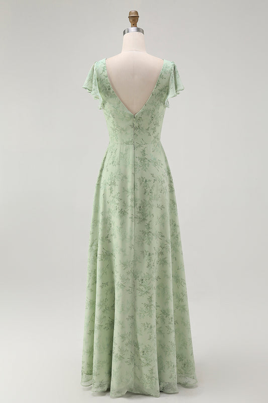 Dusty Sage Chiffon Floral V-Neck A-Line Long Wedding Guest Dress with Slit