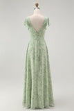 Blue Chiffon Floral A-Line V-Neck Long Wedding Guest Dress with Sleeves