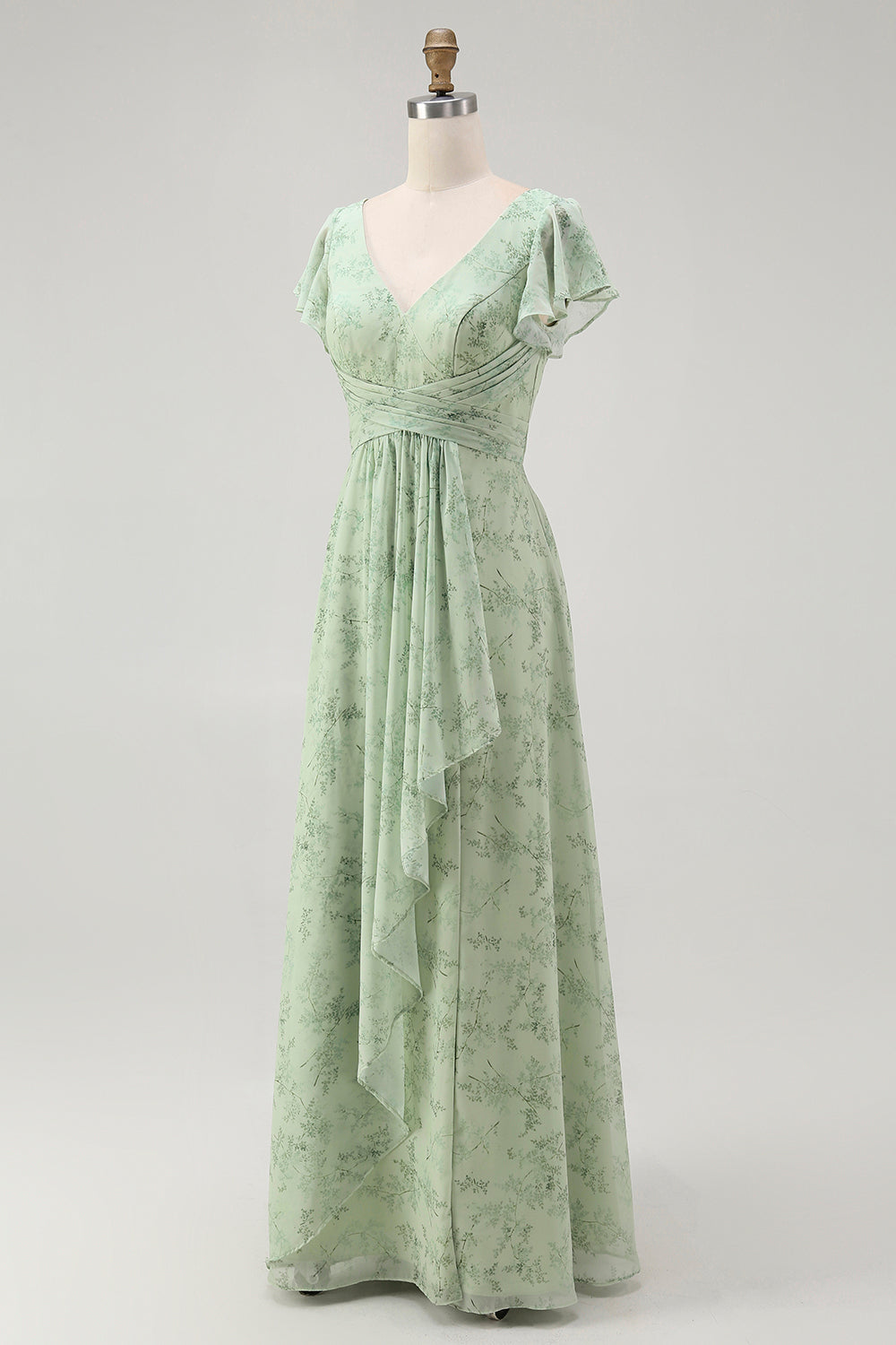 Blue Chiffon Floral A-Line V-Neck Long Wedding Guest Dress with Sleeves