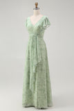 Blue Chiffon Floral A-Line V-Neck Long Wedding Guest Dress with Sleeves