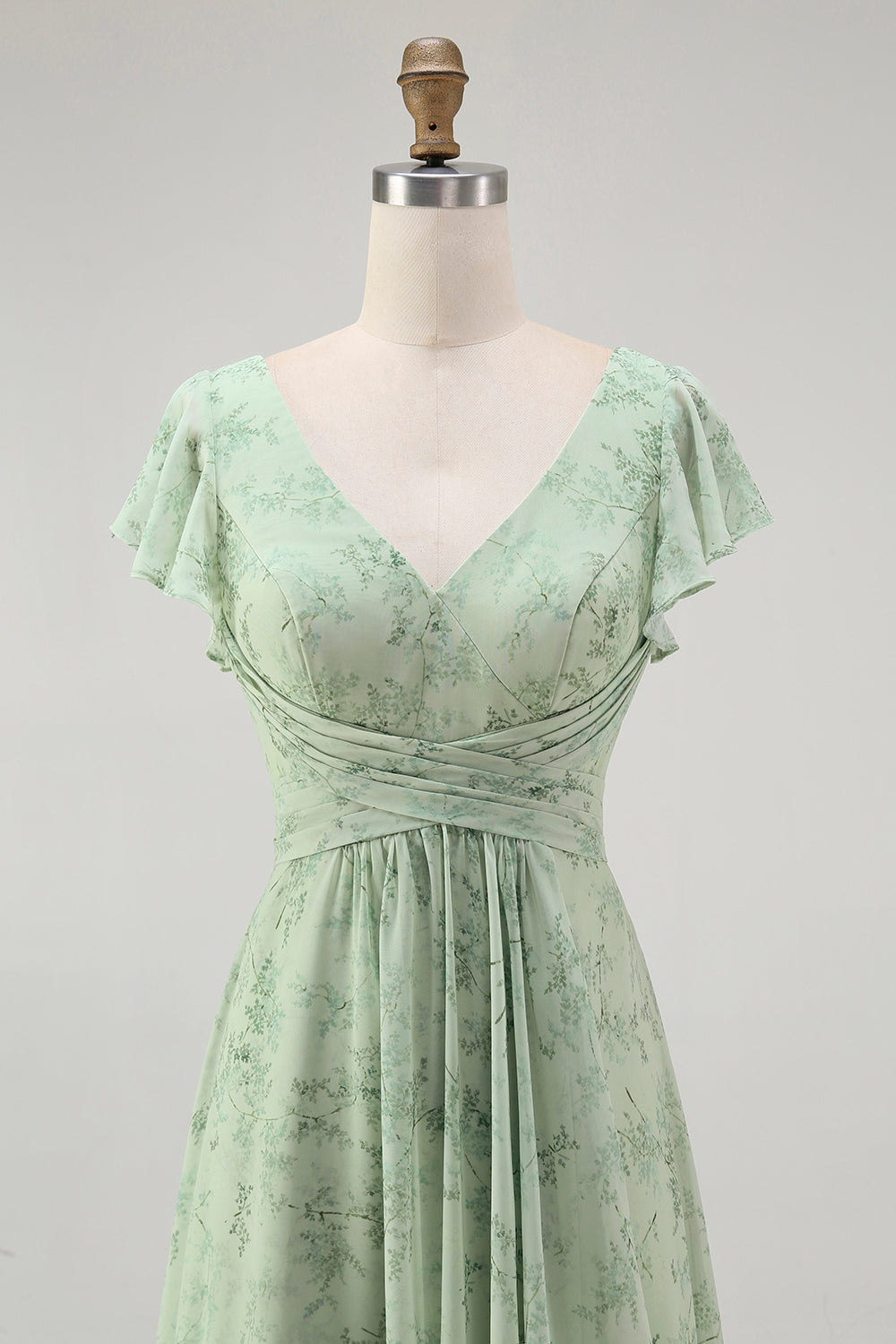 Blue Chiffon Floral A-Line V-Neck Long Wedding Guest Dress with Sleeves