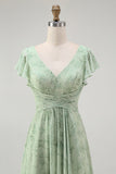 Blue Chiffon Floral A-Line V-Neck Long Wedding Guest Dress with Sleeves