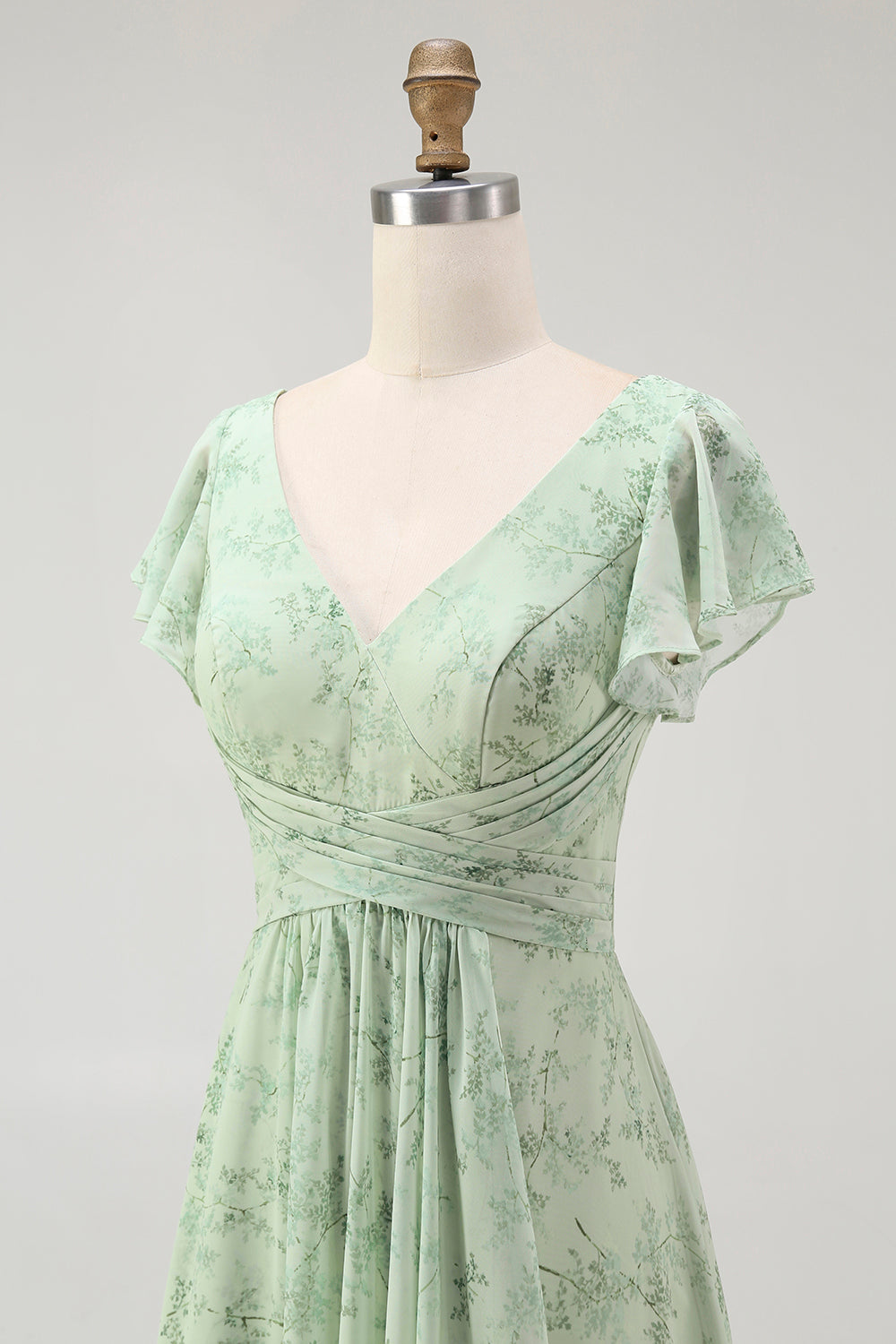 Blue Chiffon Floral A-Line V-Neck Long Wedding Guest Dress with Sleeves