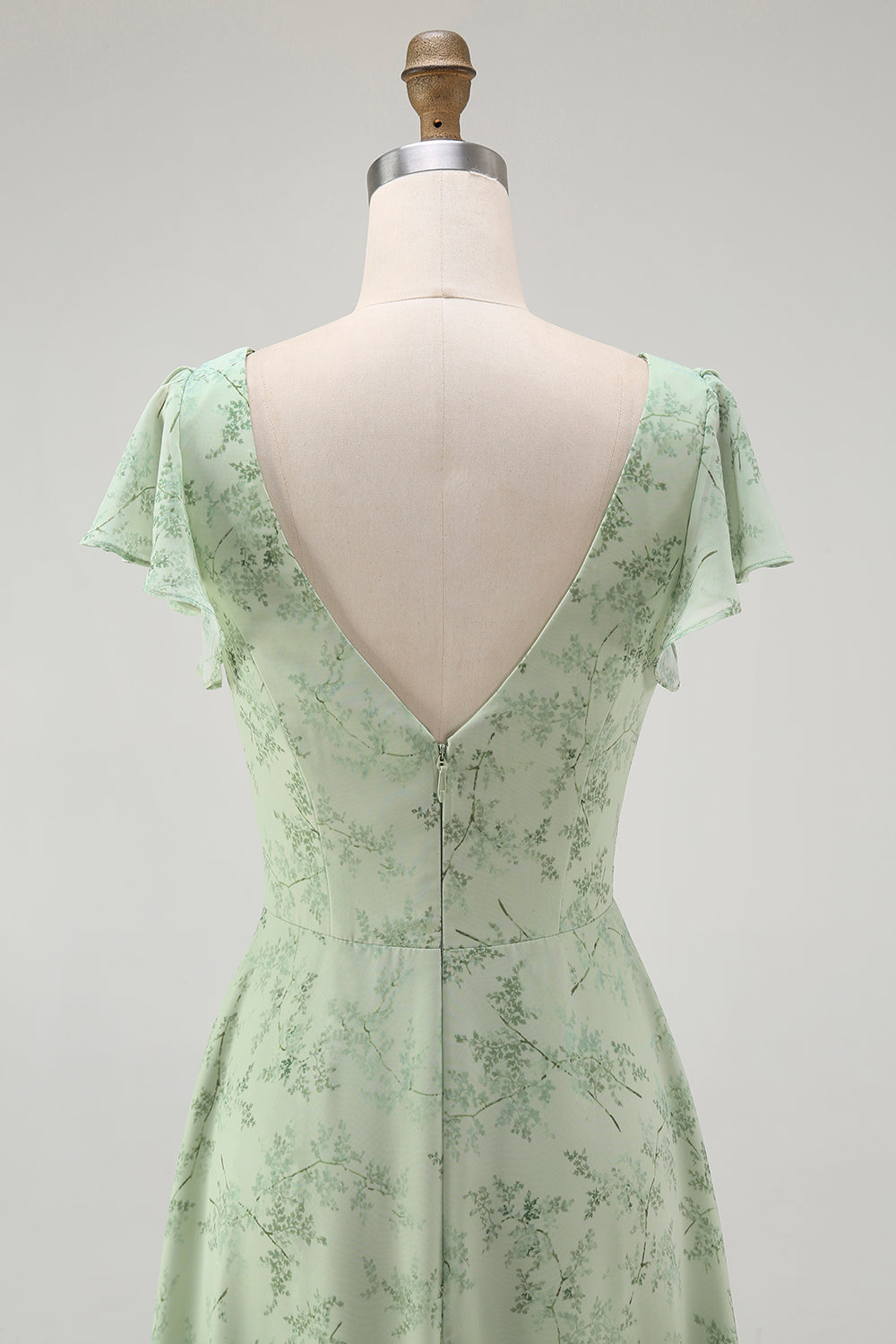 Blue Chiffon Floral A-Line V-Neck Long Wedding Guest Dress with Sleeves