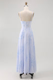 Blue Floral Spaghetti Straps Chiffon A-Line Long Wedding Guest Dress