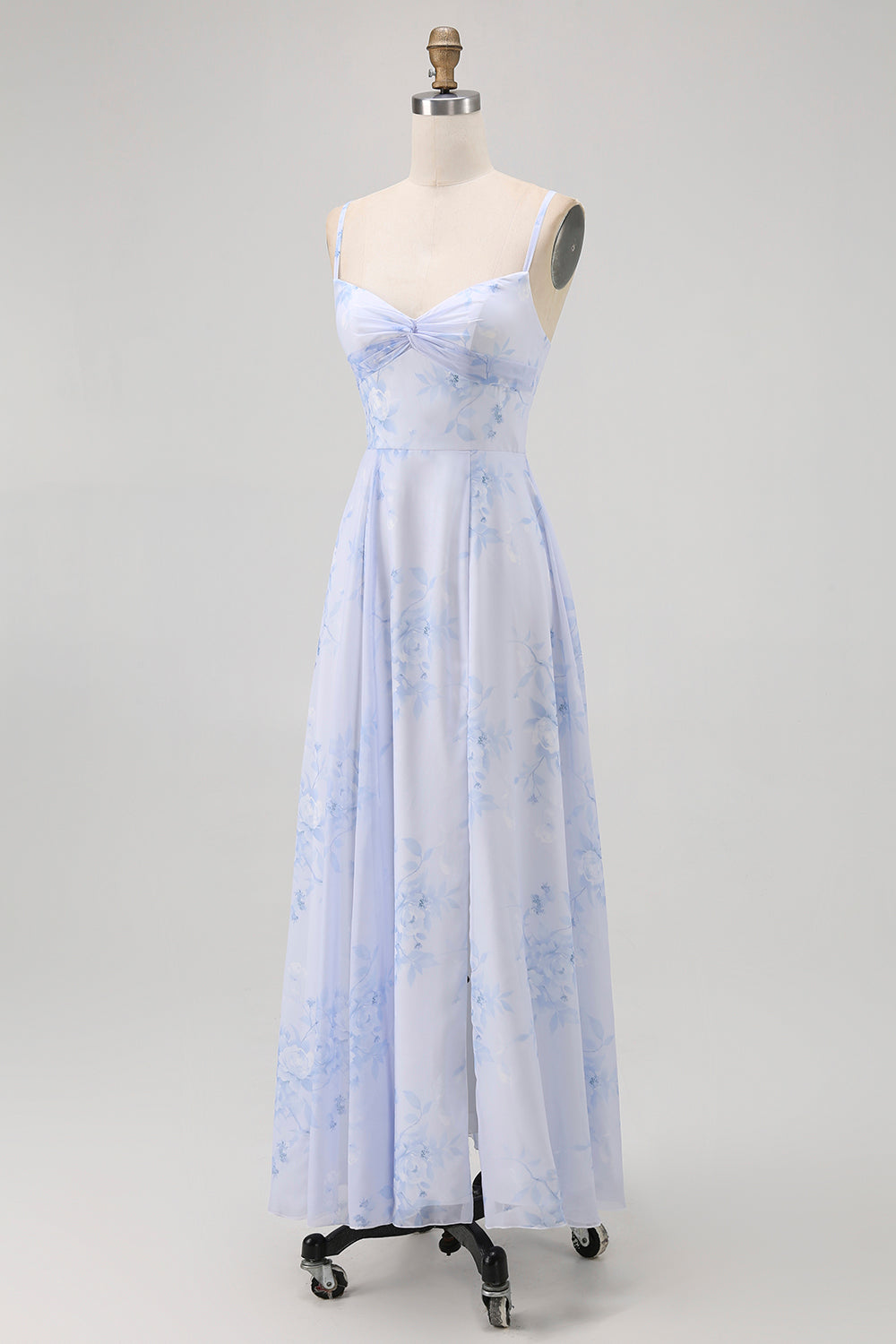 Blue Floral Spaghetti Straps Chiffon A-Line Long Wedding Guest Dress