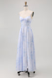 Blue Floral Spaghetti Straps Chiffon A-Line Long Wedding Guest Dress