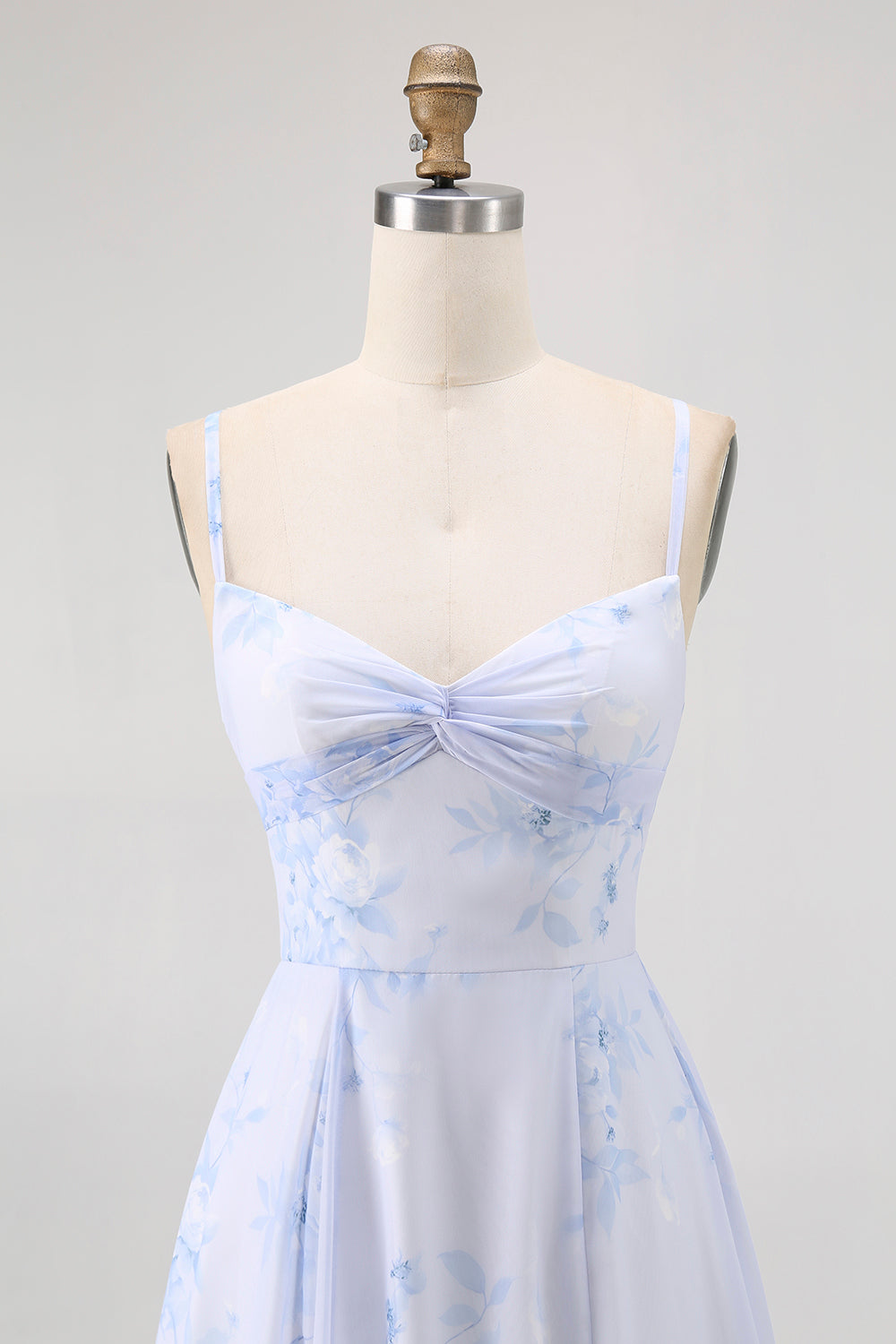 Blue Floral Spaghetti Straps Chiffon A-Line Long Wedding Guest Dress