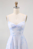 Blue Floral Spaghetti Straps Chiffon A-Line Long Wedding Guest Dress