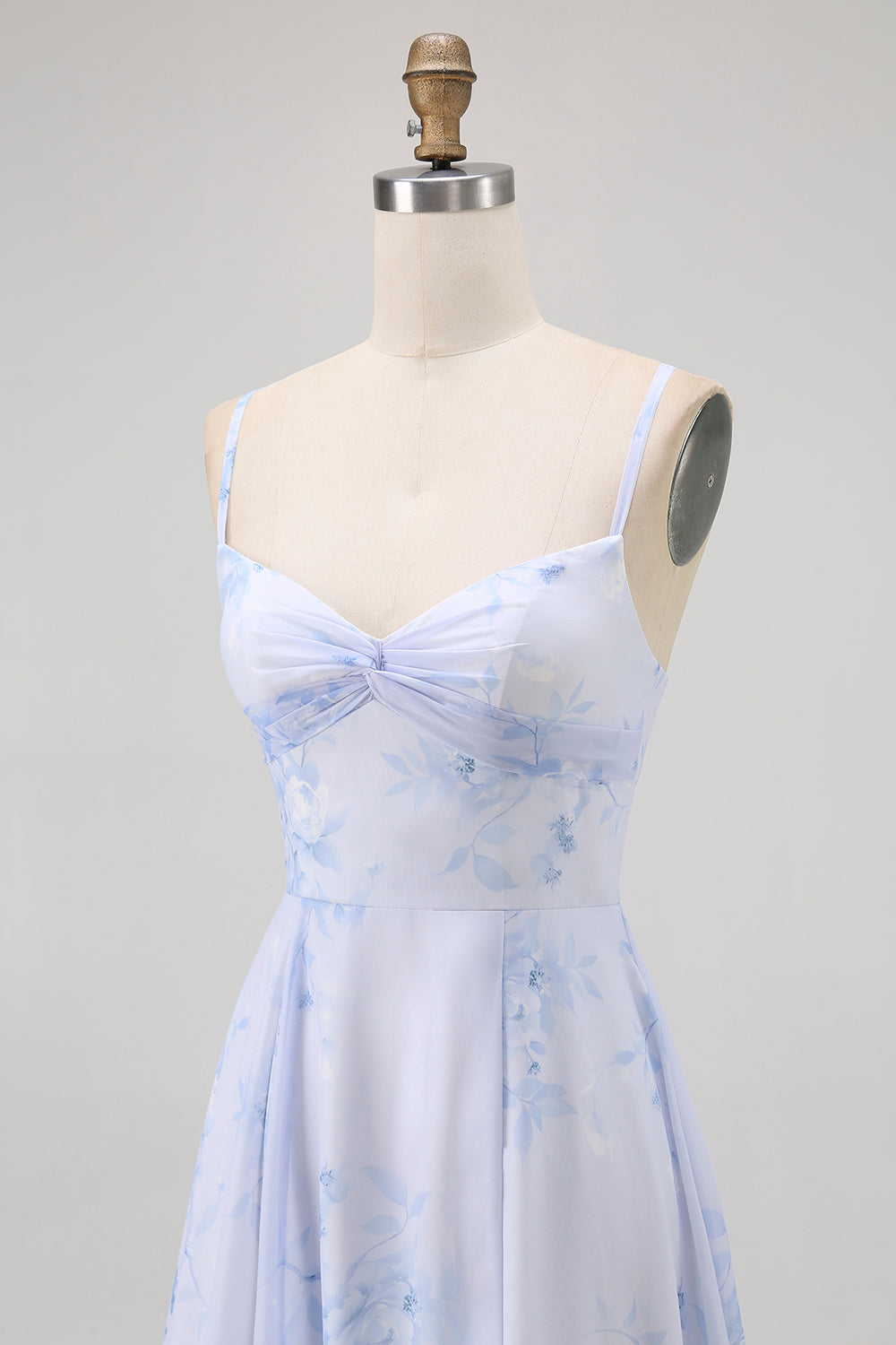 Blue Floral Spaghetti Straps Chiffon A-Line Long Wedding Guest Dress
