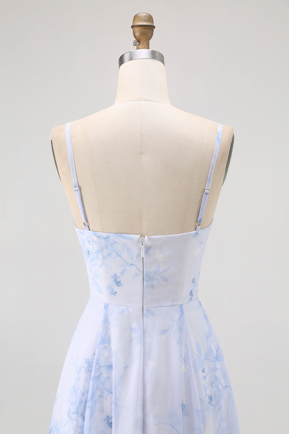 Blue Floral Spaghetti Straps Chiffon A-Line Long Wedding Guest Dress
