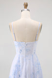 Blue Floral Spaghetti Straps Chiffon A-Line Long Wedding Guest Dress