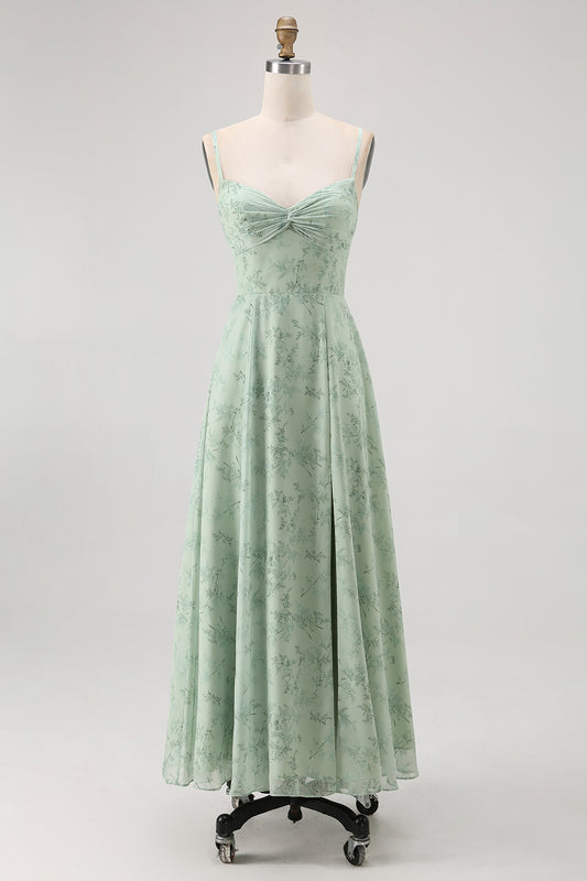 Dusty Sage Floral Spaghetti Straps Chiffon A-Line Long Wedding Guest Dress