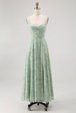 Blue Floral Spaghetti Straps Chiffon A-Line Long Wedding Guest Dress