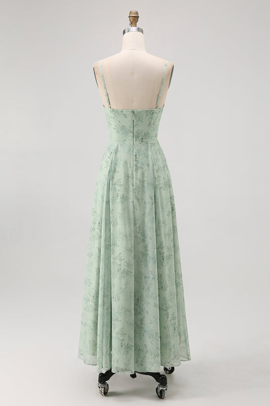 Dusty Sage Floral Spaghetti Straps Chiffon A-Line Long Wedding Guest Dress