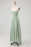 Blue Floral Spaghetti Straps Chiffon A-Line Long Wedding Guest Dress