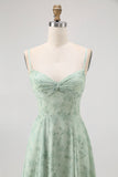 Blue Floral Spaghetti Straps Chiffon A-Line Long Wedding Guest Dress