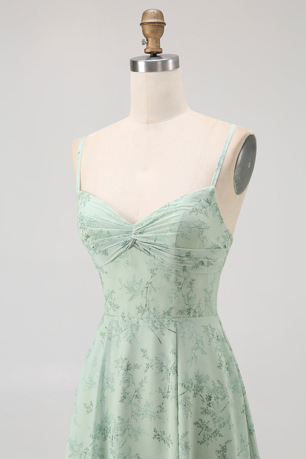 Blue Floral Spaghetti Straps Chiffon A-Line Long Wedding Guest Dress