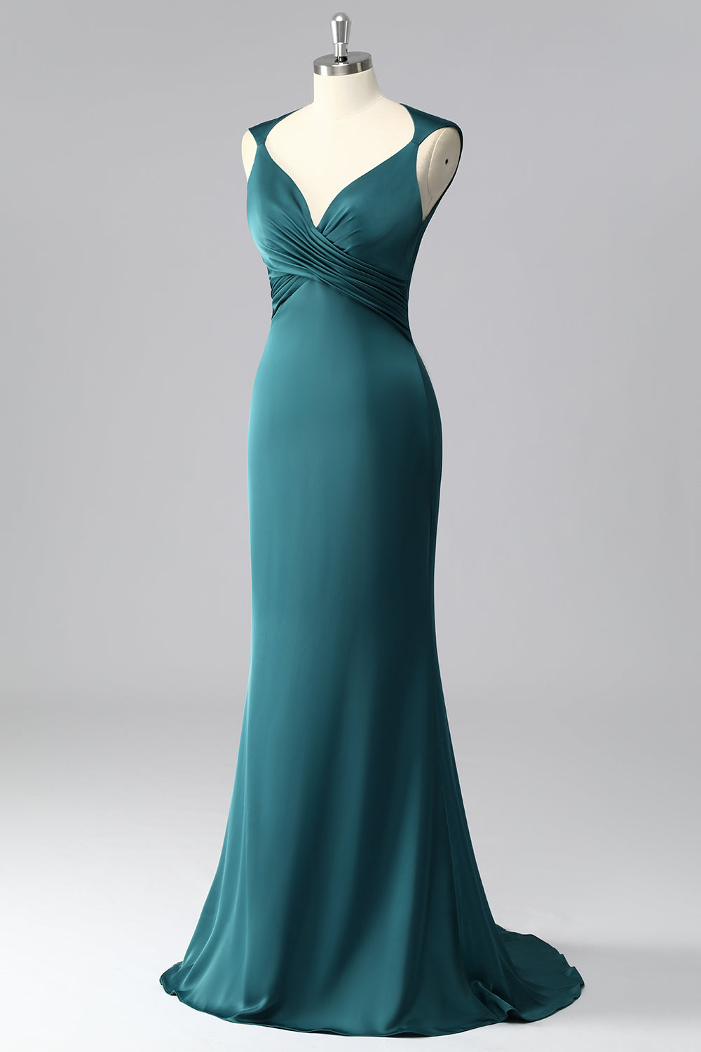 Peacock Blue V-Neck Satin Ruched Mermaid Long Prom Dress