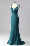 Peacock Blue V-Neck Satin Ruched Mermaid Long Prom Dress