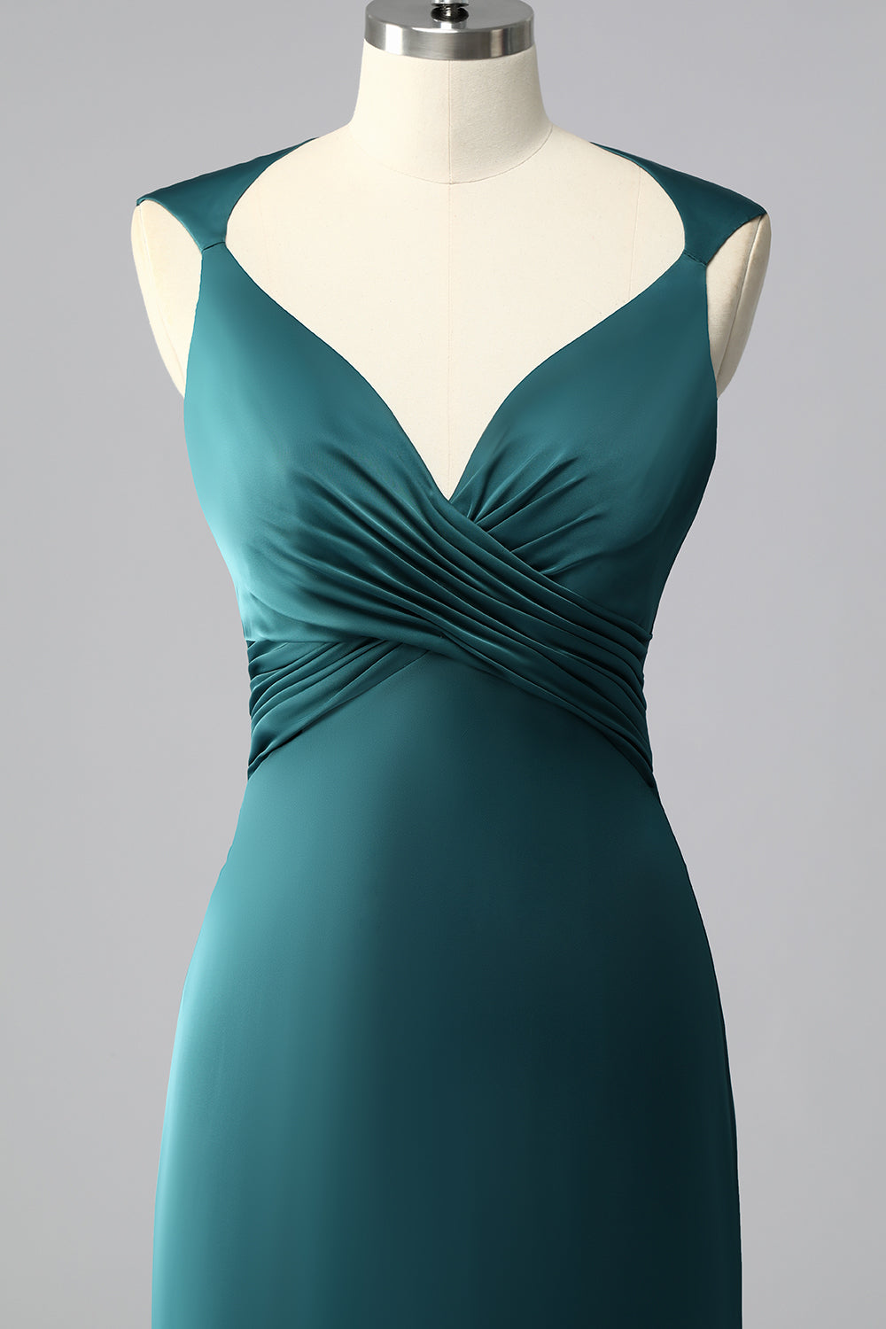 Zapakasa Women Peacock Blue Satin Mermaid Long Prom Dress V-Neck Ruched