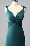 Peacock Blue V-Neck Satin Ruched Mermaid Long Prom Dress