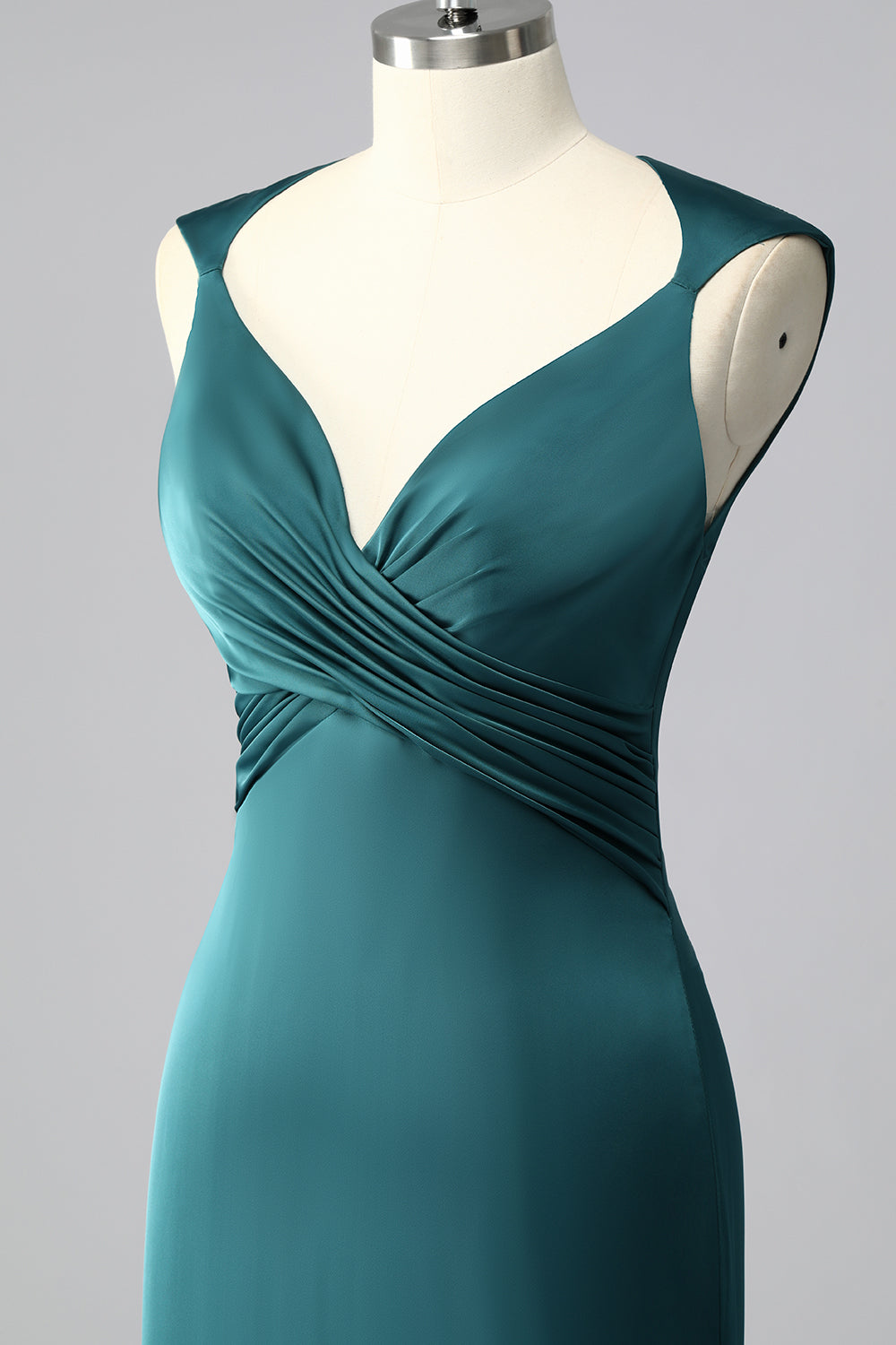 Peacock Blue V-Neck Satin Ruched Mermaid Long Prom Dress