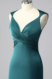 Peacock Blue V-Neck Satin Ruched Mermaid Long Prom Dress
