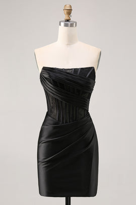 Black Corset Satin Strapless Short Tight Homecoming Dress