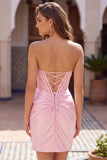 Pink Corset Satin Ruched Strapless Short Homecoming Dress
