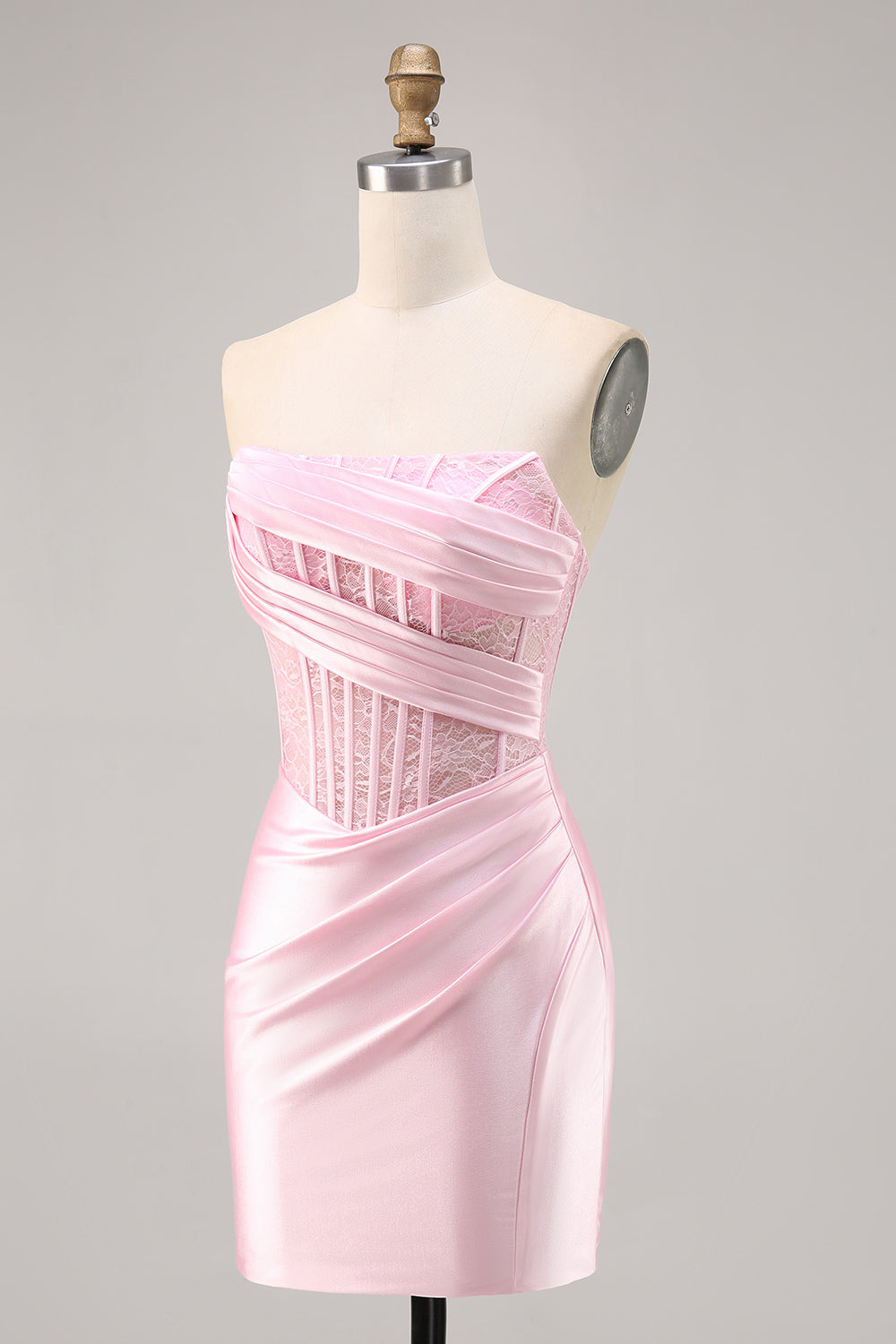 Pink Corset Satin Ruched Strapless Short Homecoming Dress