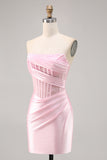 Pink Corset Satin Ruched Strapless Short Homecoming Dress