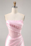 Pink Corset Satin Ruched Strapless Short Homecoming Dress