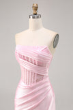 Pink Corset Satin Ruched Strapless Short Homecoming Dress