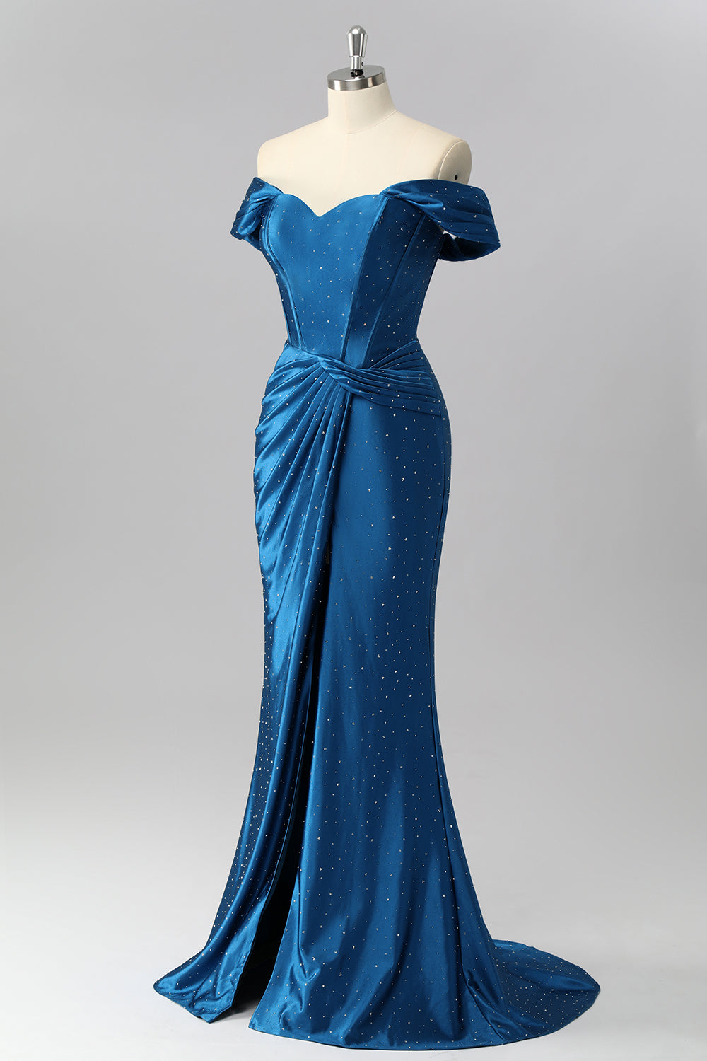 Sparkly Dark Blue Off the Shoulder Satin Mermaid Long Corset Prom Dress with Beading