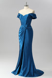 Sparkly Dark Blue Off the Shoulder Satin Mermaid Long Corset Prom Dress with Beading