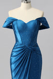Sparkly Dark Blue Off the Shoulder Satin Mermaid Long Corset Prom Dress with Beading