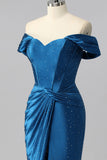 Sparkly Dark Blue Off the Shoulder Satin Mermaid Long Corset Prom Dress with Beading